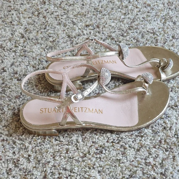 Stuart Weitzman Gold Thong Sandals with Metallic Finish - Picture 6 of 13